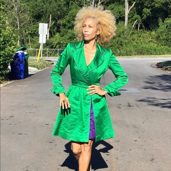 Vtg Bob Mackie satin coat dress tuxedo green XS - Picture 5 of 11